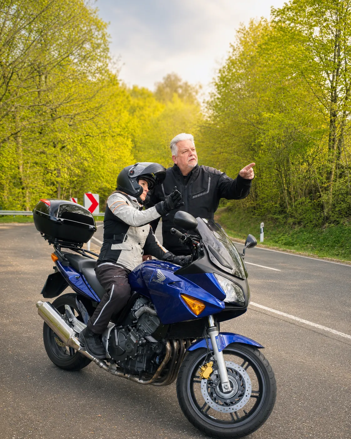 Heiko Bleuel beim Wiedereinsteiger-Coaching mit einer Motorradfahrerin in der Rhön